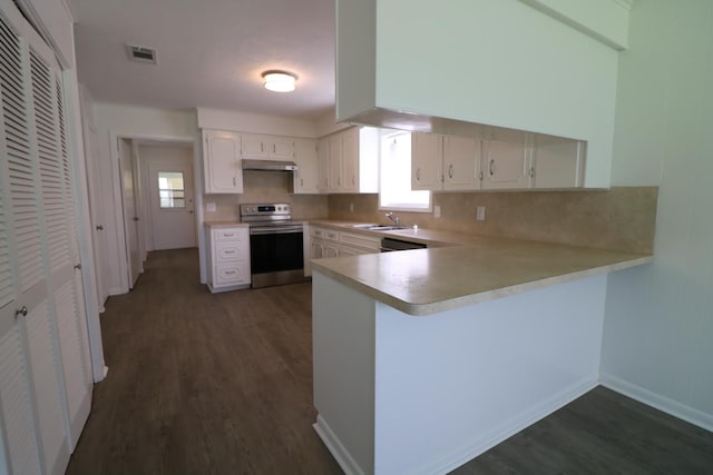 kitchen featuring kitchen peninsula, stainless steel appliances, sink, dark hardwood / wood-style floors, and white cabinetry