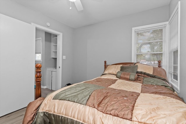 bedroom with multiple windows, ceiling fan, a spacious closet, and light wood-type flooring