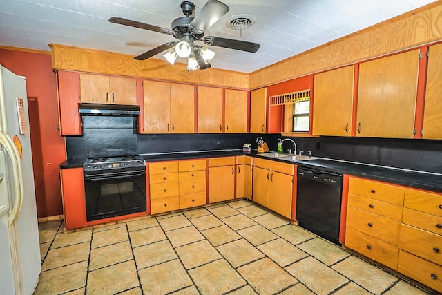 303 W Stringer, Kirbyville, TX 75956 - kitchen featuring black dishwasher, a sink, electric stove, white refrigerator with ice dispenser, and a ceiling fan