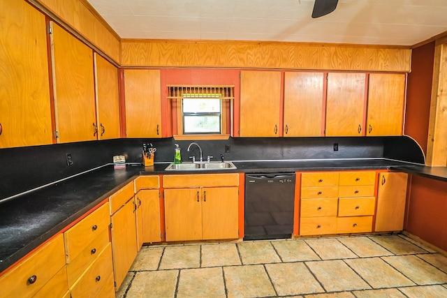 303 W Stringer, Kirbyville, TX 75956 - kitchen featuring black dishwasher, a sink, decorative backsplash, dark countertops, and light stone finish flooring