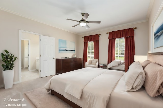 bedroom with ceiling fan, light colored carpet, ornamental molding, and connected bathroom