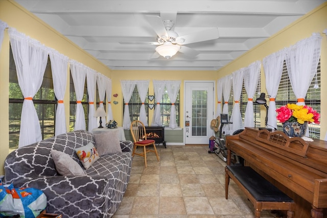 sunroom with beam ceiling, plenty of natural light, and ceiling fan