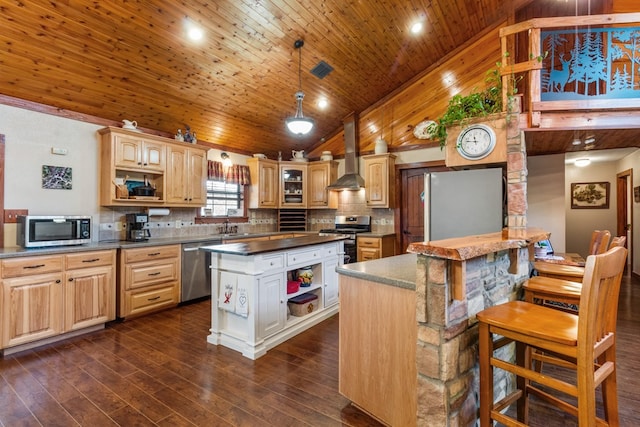 kitchen featuring dark wood-style floors, decorative backsplash, appliances with stainless steel finishes, wooden ceiling, and wall chimney range hood