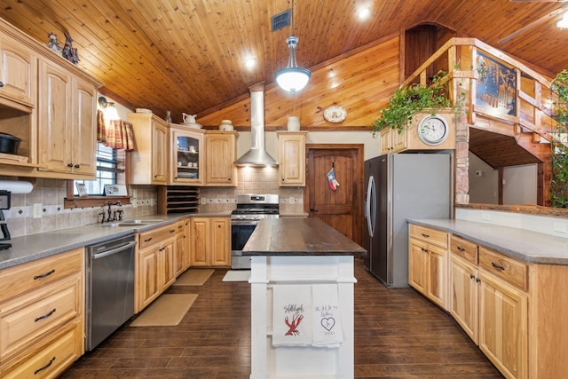 kitchen featuring wall chimney range hood, wood ceiling, vaulted ceiling, appliances with stainless steel finishes, and a sink