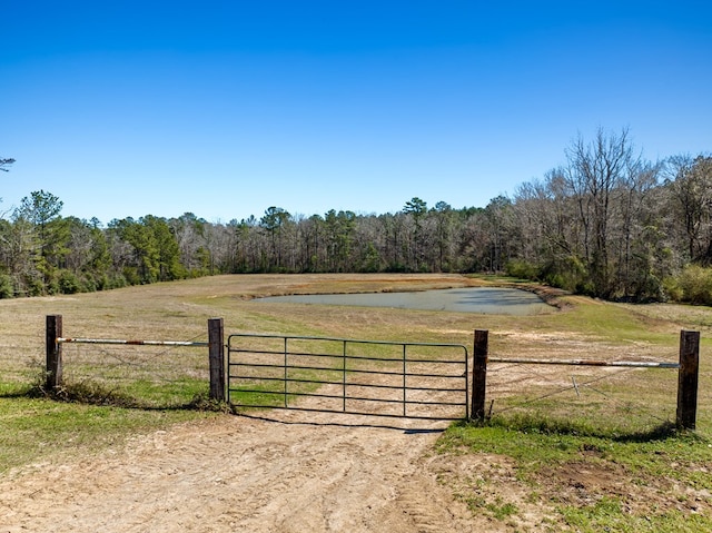 view of gate with fence, a forest view, and a water view