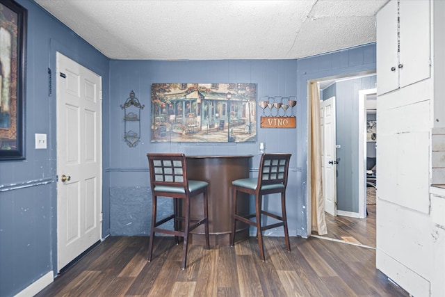 bar featuring a bar, a textured ceiling, wood finished floors, and a decorative wall
