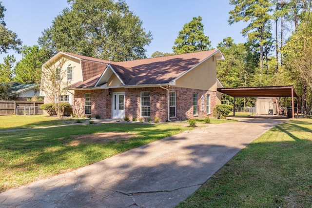 309 Hunters Creek Dr, Lufkin, TX 75901 - view of front of house featuring brick siding, driveway, a carport, and roof with shingles
