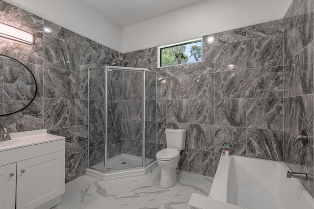 20 Coolcrest Dr, Point Blank, TX 77364 - full bathroom featuring tile walls, vanity, a garden tub, marble finish floors, and a stall shower