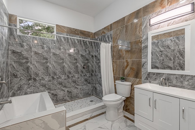 20 Coolcrest Dr, Point Blank, TX 77364 - full bathroom featuring tile walls, marble finish flooring, a tile shower, a bathtub, and vanity