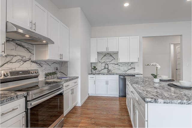 20 Coolcrest Dr, Point Blank, TX 77364 - kitchen with stainless steel appliances, under cabinet range hood, light stone counters, white cabinets, and recessed lighting