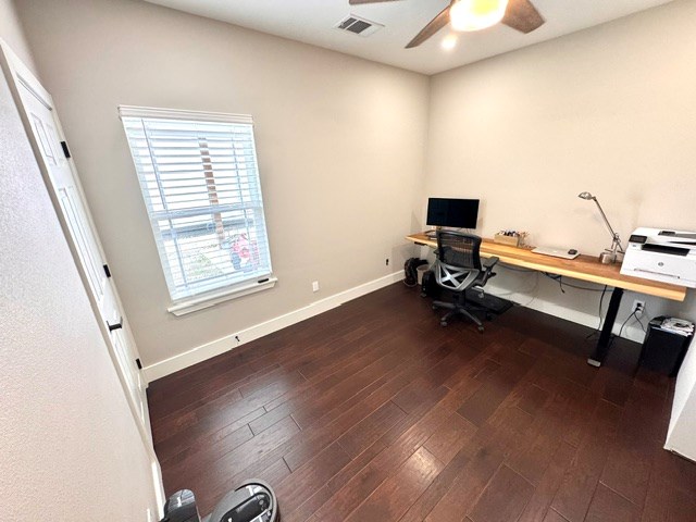 304 Lcr 485, Mexia, TX 76667 - office space with visible vents, baseboards, a ceiling fan, and dark wood-style floors