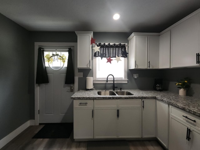 kitchen with white cabinets, plenty of natural light, dark hardwood / wood-style floors, and sink