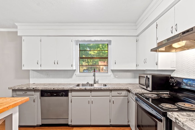 kitchen featuring sink, stainless steel appliances, tasteful backsplash, white cabinets, and ornamental molding