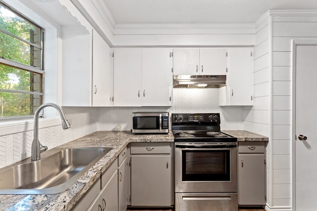 kitchen with white cabinets, sink, appliances with stainless steel finishes, and tasteful backsplash