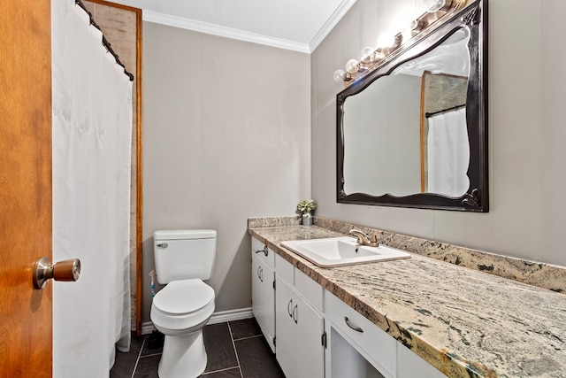 bathroom featuring tile patterned floors, toilet, vanity, and ornamental molding