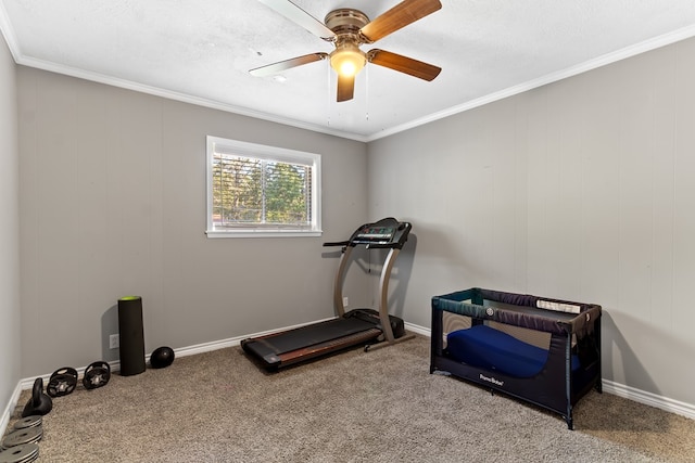 exercise room with carpet flooring, ceiling fan, and ornamental molding