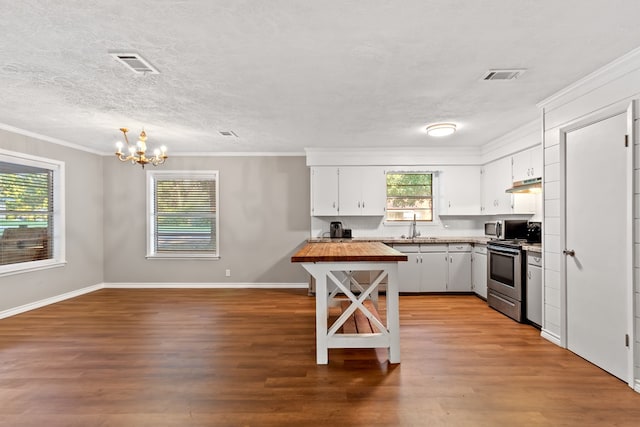 kitchen featuring ornamental molding, stainless steel appliances, sink, hardwood / wood-style floors, and white cabinetry