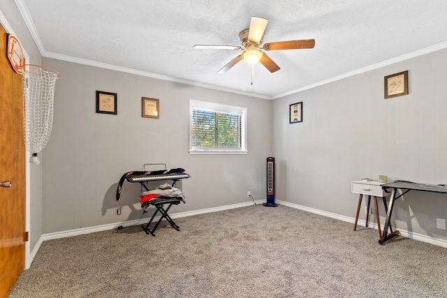 misc room featuring carpet, a textured ceiling, ceiling fan, and crown molding