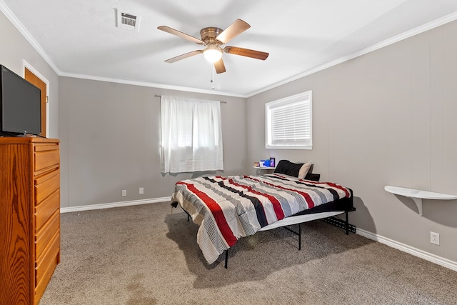 bedroom featuring carpet floors, ceiling fan, and ornamental molding