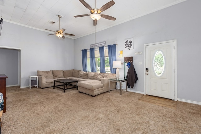 240 W 7th St, Trinity, TX 75862 - carpeted living room featuring ceiling fan, ornamental molding, and baseboards