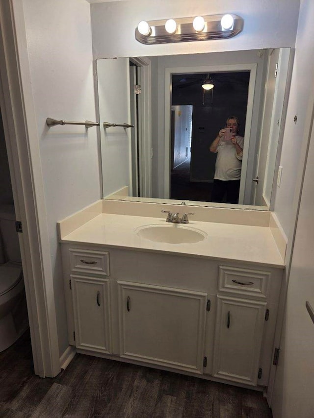 bathroom with vanity, toilet, and wood finished floors