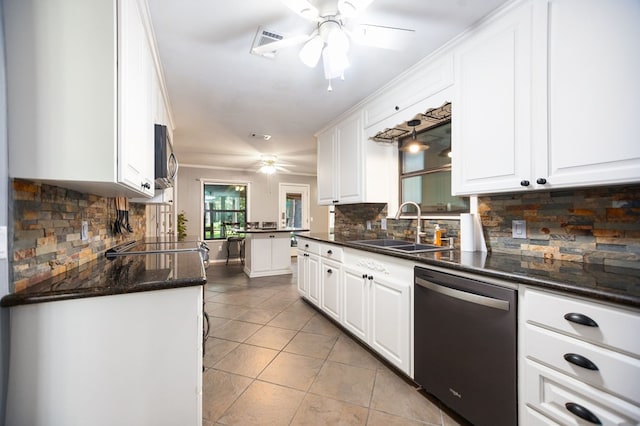 4 Pinemont Pl, Lufkin, TX 75904 - kitchen with dishwashing machine, a ceiling fan, light tile patterned flooring, backsplash, and crown molding