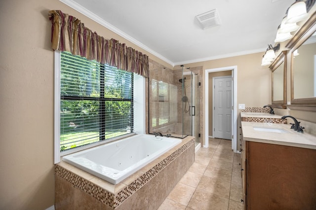 4 Pinemont Pl, Lufkin, TX 75904 - bathroom featuring healthy amount of natural light, a stall shower, a tub with jets, crown molding, and double vanity