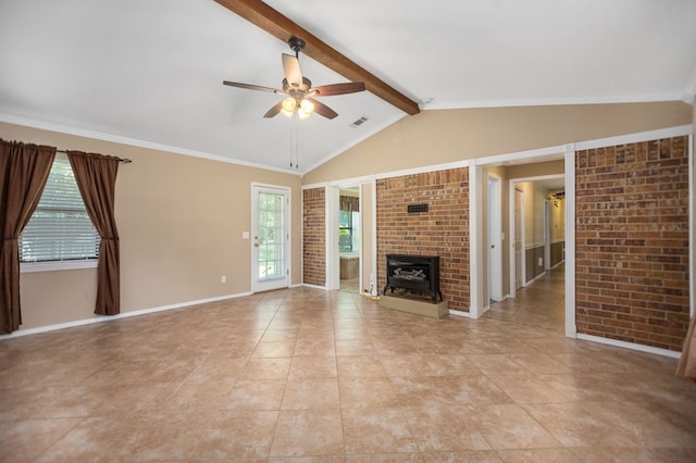 4 Pinemont Pl, Lufkin, TX 75904 - unfurnished living room with a ceiling fan, a brick fireplace, brick wall, and light tile patterned flooring