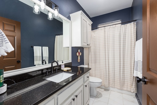 full bathroom with vanity, toilet, and shower / bath combo with shower curtain