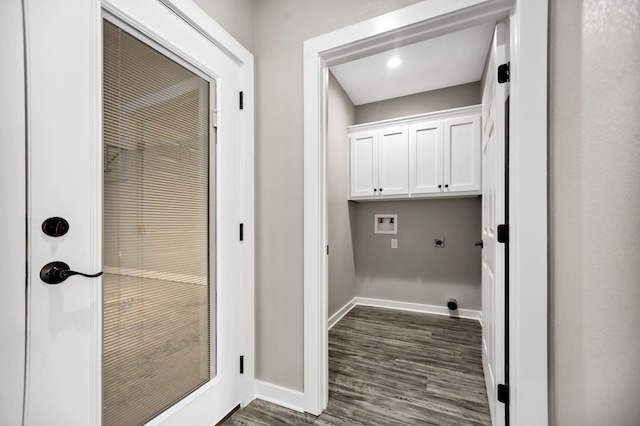 2510 Jimmie, Lufkin, TX 74904 - washroom featuring cabinet space, electric dryer hookup, hookup for a washing machine, baseboards, and dark wood finished floors