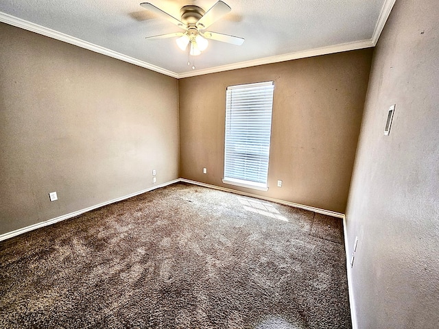 carpeted empty room with ceiling fan, a textured ceiling, and ornamental molding