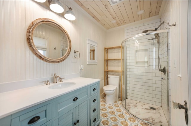 bathroom with wooden ceiling, tile patterned flooring, toilet, vanity, and a stall shower