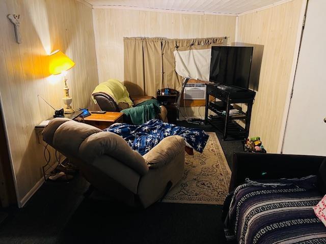 living area featuring wood walls