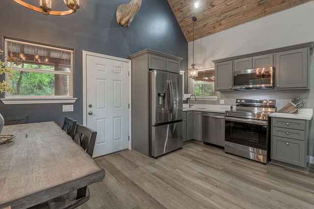 kitchen featuring gray cabinetry, high vaulted ceiling, stainless steel appliances, and a sink