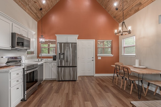 kitchen featuring appliances with stainless steel finishes, wood finished floors, high vaulted ceiling, and wooden ceiling