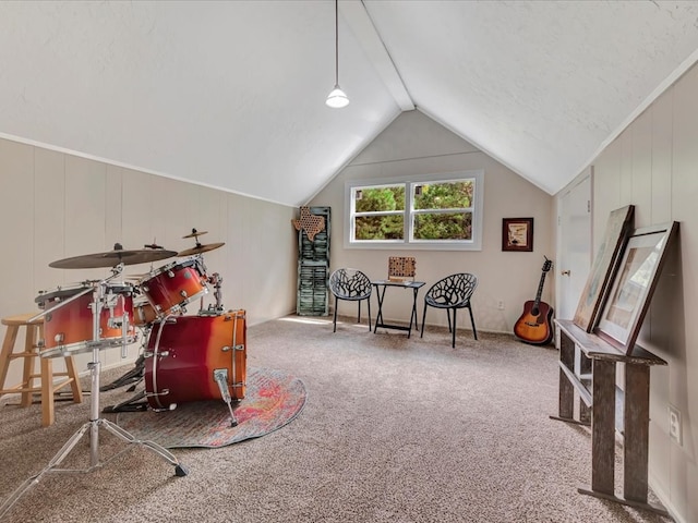 game room featuring carpet floors, lofted ceiling, and a textured ceiling