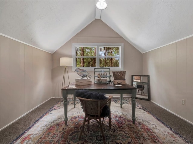 carpeted office featuring lofted ceiling, a textured ceiling, and baseboards