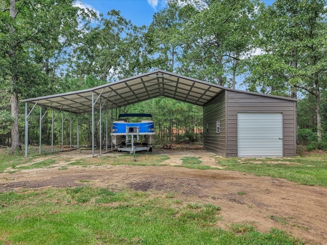 view of parking / parking lot with dirt driveway and a carport