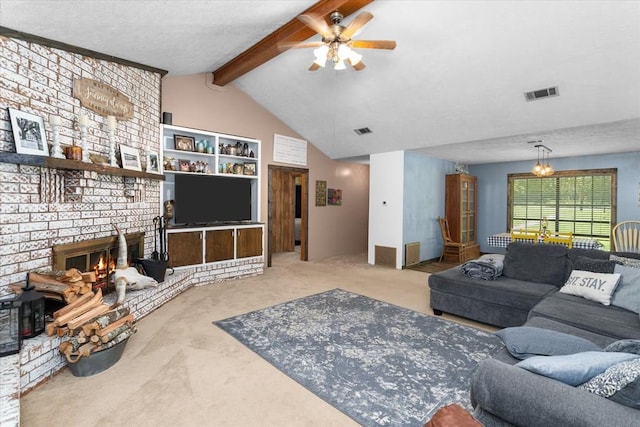 carpeted living room featuring ceiling fan, lofted ceiling with beams, and a fireplace