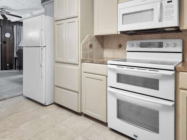 906 Richardson Dr, Jasper, TX 75951 - kitchen featuring white appliances, a ceiling fan, a textured ceiling, light tile patterned floors, and backsplash