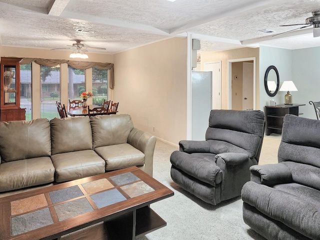 906 Richardson Dr, Jasper, TX 75951 - carpeted living room with a ceiling fan and a textured ceiling