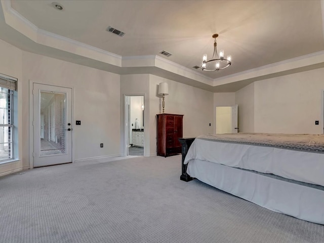 bedroom featuring a raised ceiling, light colored carpet, a notable chandelier, and ornamental molding