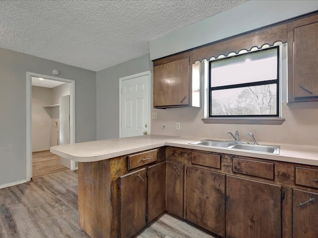 kitchen with a sink, light wood finished floors, a peninsula, and light countertops