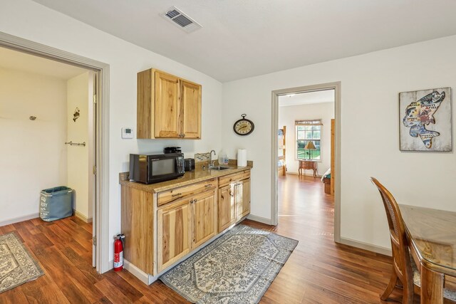 225 Mcgregor Dr, Brookeland, TX 75931 - kitchen featuring a sink, black microwave, dark wood-style floors, and visible vents