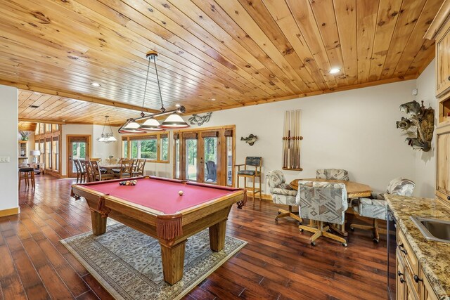 225 Mcgregor Dr, Brookeland, TX 75931 - playroom featuring wooden ceiling, billiards, french doors, and recessed lighting