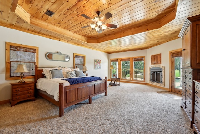 225 Mcgregor Dr, Brookeland, TX 75931 - bedroom with light colored carpet, access to outside, visible vents, and wooden ceiling