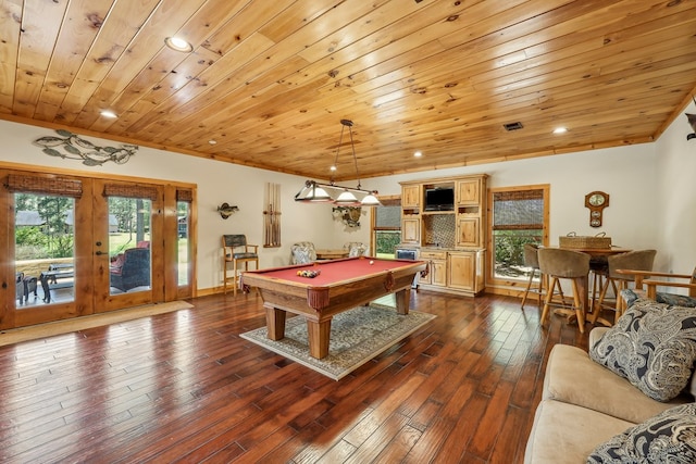 225 Mcgregor Dr, Brookeland, TX 75931 - recreation room featuring wooden ceiling, recessed lighting, pool table, and dark wood finished floors