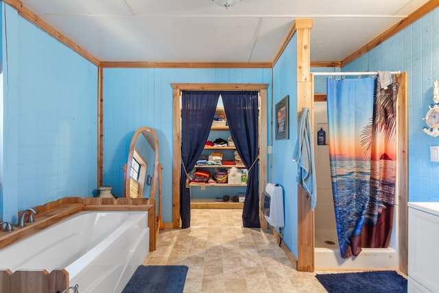 bathroom featuring heating unit, plus walk in shower, and ornamental molding