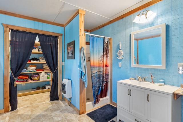 bathroom featuring a shower with curtain, crown molding, vanity, and heating unit