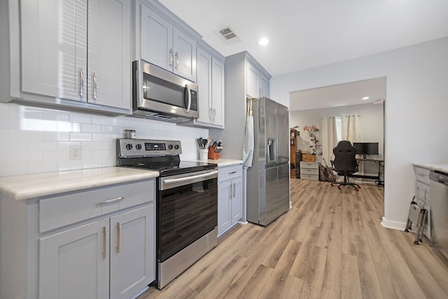 kitchen with gray cabinetry, decorative backsplash, light hardwood / wood-style floors, and stainless steel appliances